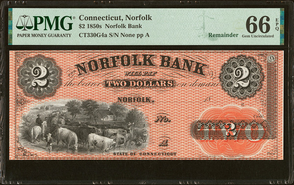 1850s Connecticut Norfolk Bank $2 PMG 66 EPQ Remainder Note Gem Uncirculated 1850s Connecticut Norfolk Bank $2 PMG 66 EPQ Remainder Note Gem Uncirculated