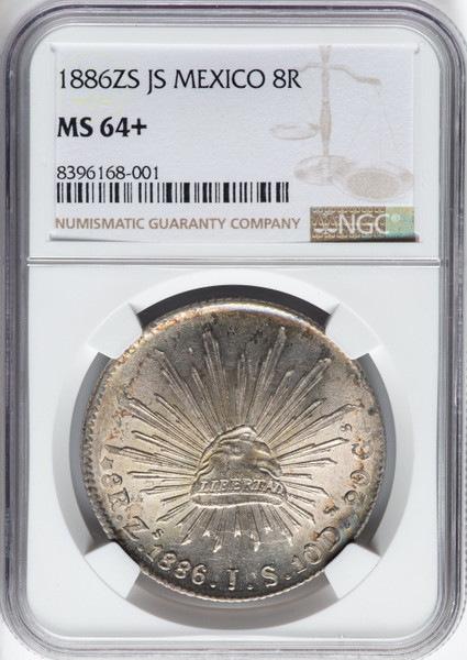 1886 Mexico Silver 8 Reales NGC MS64+ – Zacatecas Zs-JS, Republic Cap & Rays Type Coin