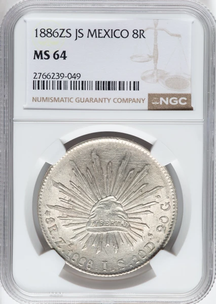 1886 Mexico 8 Reales Zacatecas NGC MS64+ — Cap & Rays | Planet
