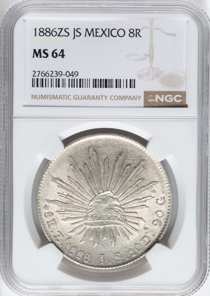 1886 Mexico Silver 8 Reales Zacatecas Zs-JS NGC MS64 Cap & Rays