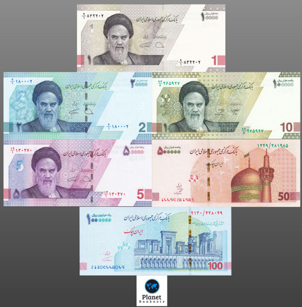 IRR 2019-2023 "Toman Transition" 6-Note Set (10,000 - 1,000,000 Rials) | Crisp UNC