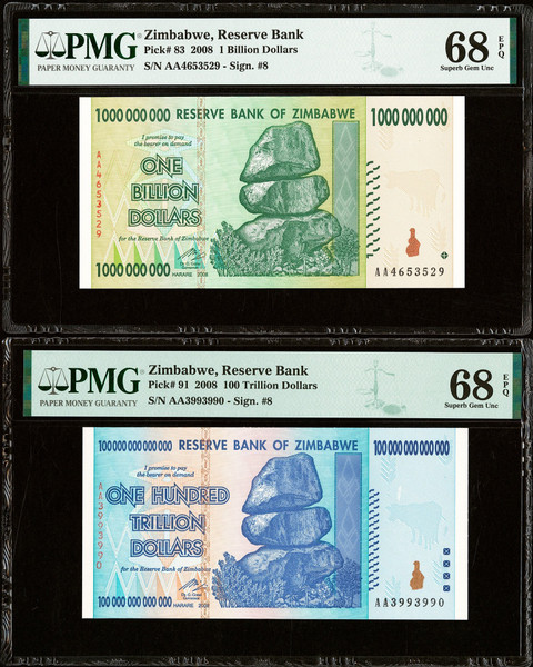 2008 Zimbabwe 1 Billion & 100 Trillion Dollars PMG 68 EPQ Hyperinflation P-83 P-91 Set