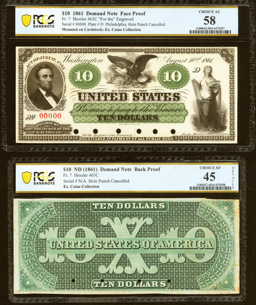 1861 $10 Demand Note Face and Back Proofs PCGS Choice AU 58; Choice XF 45 Rarity