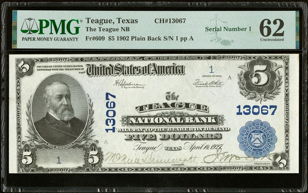 1902 $5 Plain Back Teague National Bank Texas PMG 62 Unc Double Serial #1 Rarest