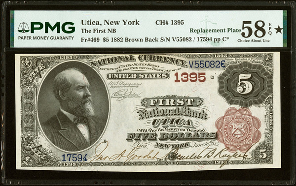 1882 $5 Brown Back Utica NY National Bank Fr 469 Ch # 1395 PMG Ch AU 58 EPQ Star