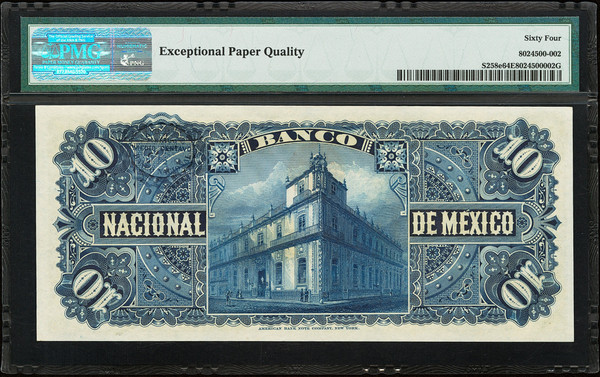 1913 Mexico Banco Nacional de Mexicano 10 Pesos M299e PMG 64 EPQ Rare Low Pop