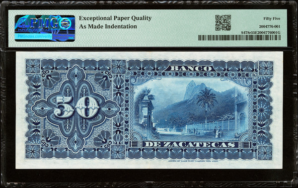 1891 Mexico Banco de Zacatecas 50 Pesos P#S478r PMG 55 AU Remainder Ultra Rare