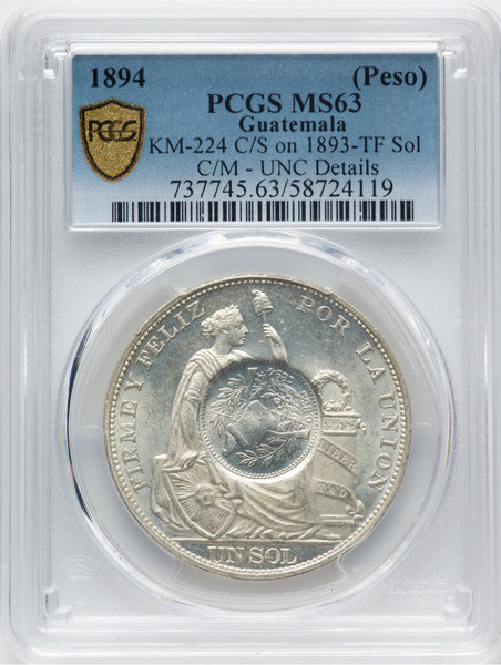 1894 Counterstamped Peso 1/2R on 1893-TF Peru Sol PCGS MS63
