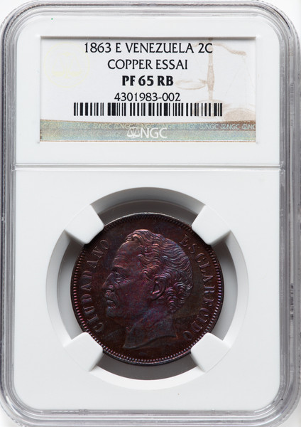 1863 Republic Copper Proof Essai 2 Centavos – PR65 Red & Brown NGC (KM-E2)