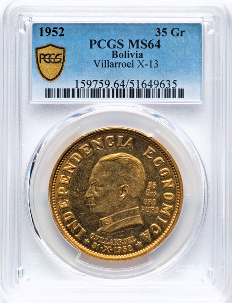 1952 Bolivia Gold 35 Grams (50 Bolivianos) PCGS MS64 Revolution Paris Mint KM-X13