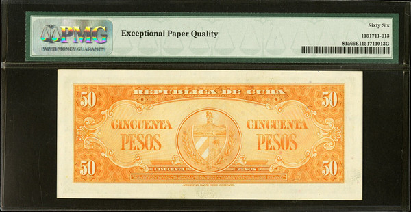 1950 Cuba 50 Pesos Banco Nacional PMG 66 EPQ Gem UNC Pick 81a Calixto García