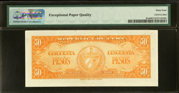 1958 Cuba 50 Pesos P-81b PMG 67 EPQ — Calixto García | Planet Banknote