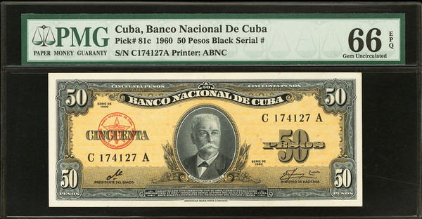 1960 Cuba 50 Pesos Banco Nacional Pick 81c PMG 66 EPQ Gem UNC Black Serial