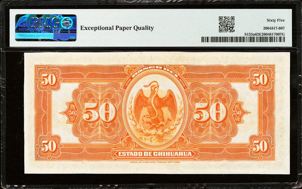 1913 Mexico Banco del Estado de Chihuahua 50 Pesos Train Note PMG 65 EPQ P-S135a ABNC