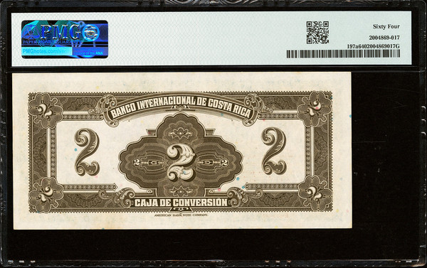 1940 Costa Rica Banco Nacional 2 Colones Pick 197a PMG 64 Choice Unc Overprint