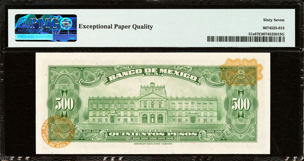 1977 Mexico Banco de Mexico 500 Pesos P-51s PMG 67 EPQ Superb Gem UNC ABNC Morelos