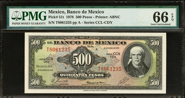 1978 Mexico Banco de Mexico 500 Pesos P-51t PMG 66 EPQ Gem UNC ABNC Morelos Note