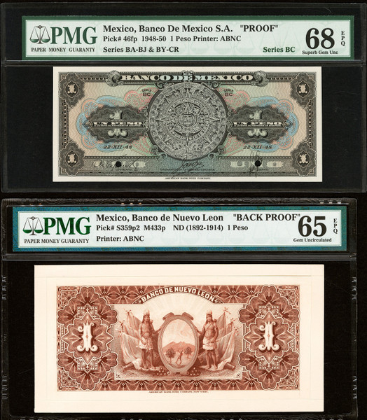Mexico Proof Pair 1 Peso P46fp PMG68 EPQ Nuevo Leon Back Proof PMG65 EPQ Top Pop