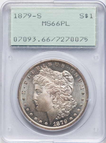 1879-S $1 PCGS MS66 Prooflike Morgan Dollar Old Green Rattler Light Bronze Toning