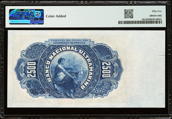 1908 Mozambique 2500 Reis Specimen PMG 55AU Pick 30s Lourenco Marques Rare