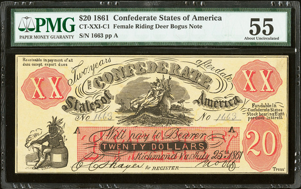 1861 $20 Confederate States CT-XXI-C1 Bogus Note PMG 55AU Female Riding Deer