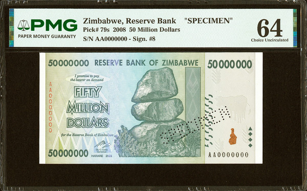 2008 Zimbabwe 50 Million Dollars Pick 79s Specimen PMG 64 AA0000000