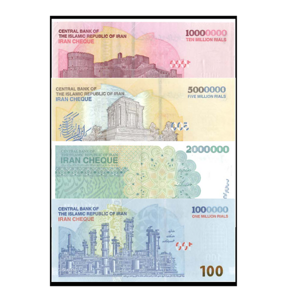 IRR Rial High Denomination Set 1M 2M 5M 10M Rials UNC IRR Cheques 4 Notes