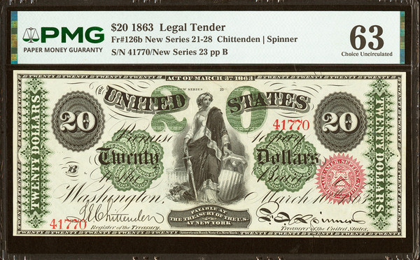 1863 $20 Legal Tender Note Fr.126b PMG 63CU Civil War Era Currency New Series