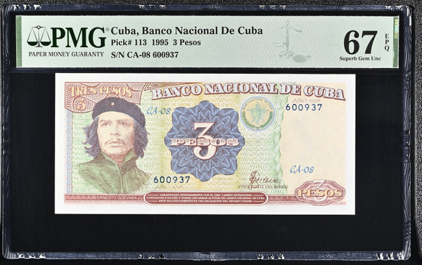 1995 Cuba Banco Nacional de Cuba 3 Pesos Pick 113 PMG 67 EPQ Superb Gem Uncirculated Ernesto Guevara Banknote