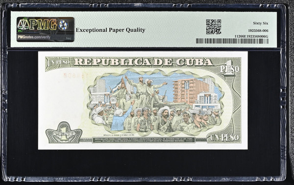Cuba 1995 Banco Nacional de Cuba 1 Peso Pick 112 José Martí PMG 66 EPQ Gem Uncirculated