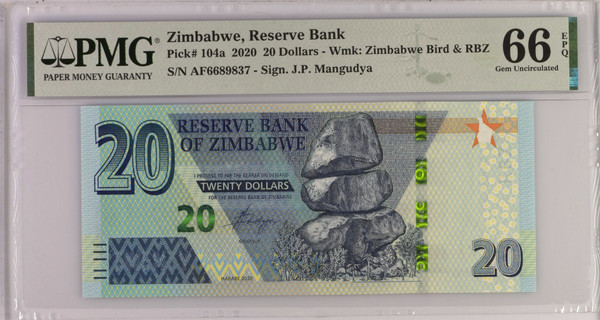 Zimbabwe 2020 Reserve Bank 20 Dollars Pick 104a J.P. Mangudya PMG 66 EPQ Gem Uncirculated