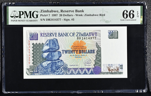 Zimbabwe 1997 Reserve Bank 20 Dollars Pick 7 Zimbabwe Bird Watermark PMG 66 EPQ Gem Uncirculated