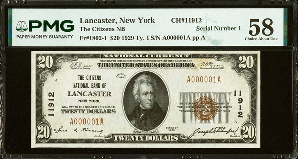 1929 $20 Lancaster NY The Citizens National Bank Ch. #11912 PMG 58 Serial Num 1