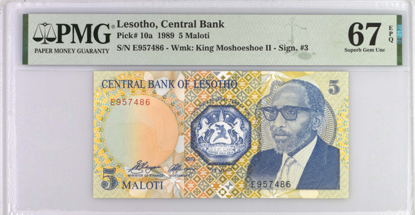 Lesotho 1989 5 Maloti Pick 10a King Moshoeshoe II PMG 67 EPQ Superb Gem Uncirculated