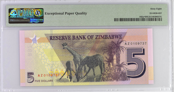 Zimbabwe 2019 5 Dollars Replacement Pick 102a* PMG 68 EPQ Superb Gem Unc Rare