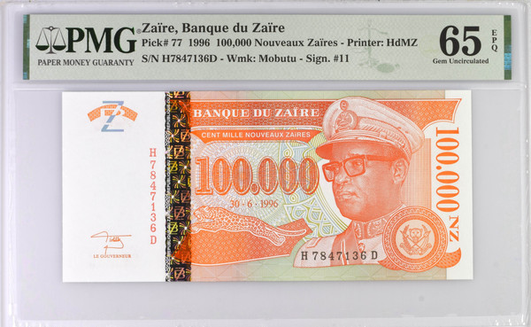 Zaïre 1996 100,000 Nouveaux Zaïres Pick 77 Mobutu PMG 65 EPQ Gem Uncirculated