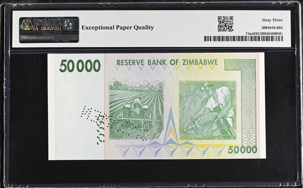 Zimbabwe 2008 50,000 Dollars Specimen Pick 74as Plain Paper AA0000000 PMG 63 EPQ 1/1