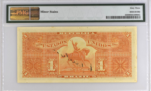 Brazil ND (1917) 1 Mil Réis Pick 5 Estampa 9A ABNC PMG 63 Choice Uncirculated Minor Stains