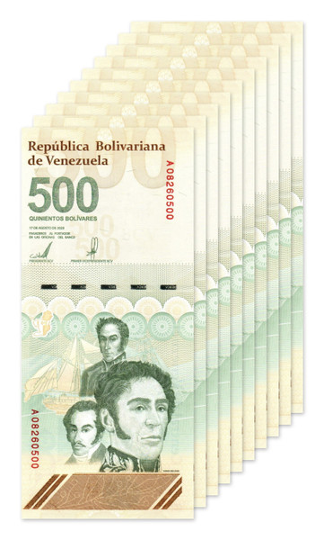 10-note lot of Venezuela 500 Bolívares Digitales 2023 banknotes, P-121, UNC, stacked (representative image)