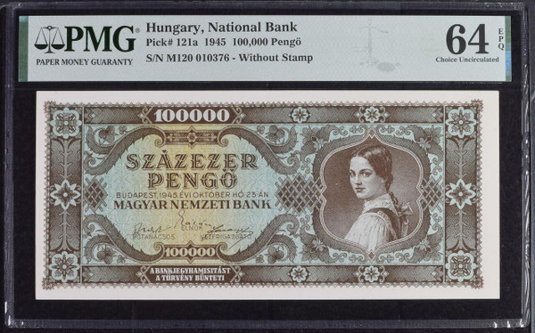 1946 Hungary 100,000 B-Pengo PMG 64 CU P-133 Hyperinflation