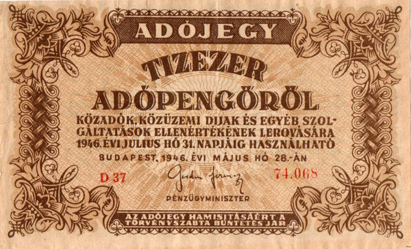 1946 Hungary 10,000 Adópengő Tax Voucher P-143 XF — 20 Septillion Pengő Equivalent