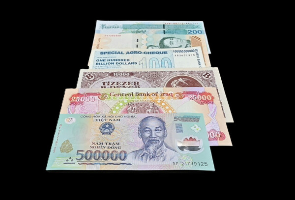 6-Note UNC Hyperinflation Set: Zim 100B$, Ven 500M, Iran 2M Rial, Hung. 10K B-Pengo, Iraq 25K & Vietnam 500K