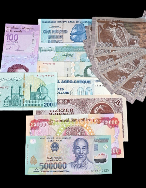 19-Note Set: 100 Billion $ Zimbabwe, 100 Trillion $ Zimbabwe, 500 M Digitales Venezuela, 100 M Digitales Venezuela, 2 M Rial Iran (2008), 2 M Rial Iran (2025), 10 K B-Pengő Hungary, 25 K Dinar Iraq, 500 K Dong Vietnam & 5 K Pound Syria