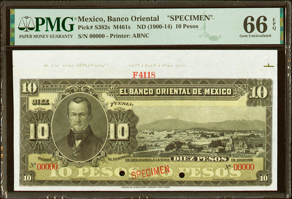 ND (1900-14) Mexico Banco Oriental 10 Pesos Specimen PMG 66 EPQ P-S382s Gem UNC