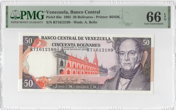 1995 Venezuela 50 Bolívares Banknote PMG 66 EPQ Pick 65e Gem UNC Banco Central de Venezuela