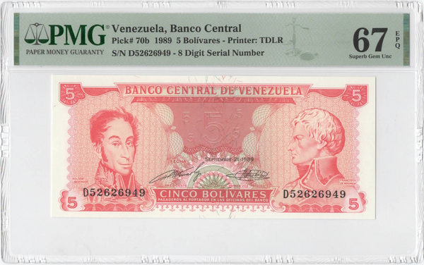 1989 Venezuela 5 Bolívares Banknote PMG 67 EPQ Pick 70b Superb Gem UNC Banco Central