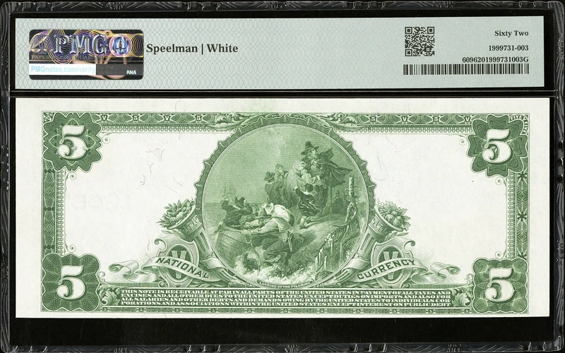 1902 $5 Plain Back Teague National Bank Texas PMG 62 Unc Double Serial 1 - Reverse