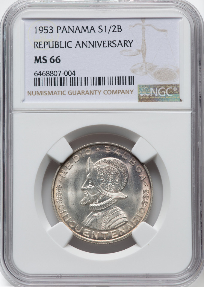 1953 Panama Silver 1/2 Balboa NGC MS66 Republic Anniversary Coin Cinquentenario