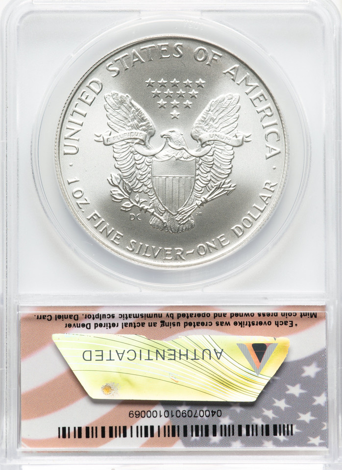 1986 Overstruck Silver Eagle Design 1 oz DC Dollar ANACS MS70 Roman Date