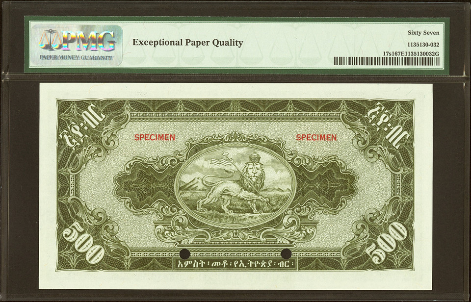 1945 Ethiopia 500 Dollars Banknote Specimen PMG 67 EPQ Pick-17s1 Rare Superb Gem UNC